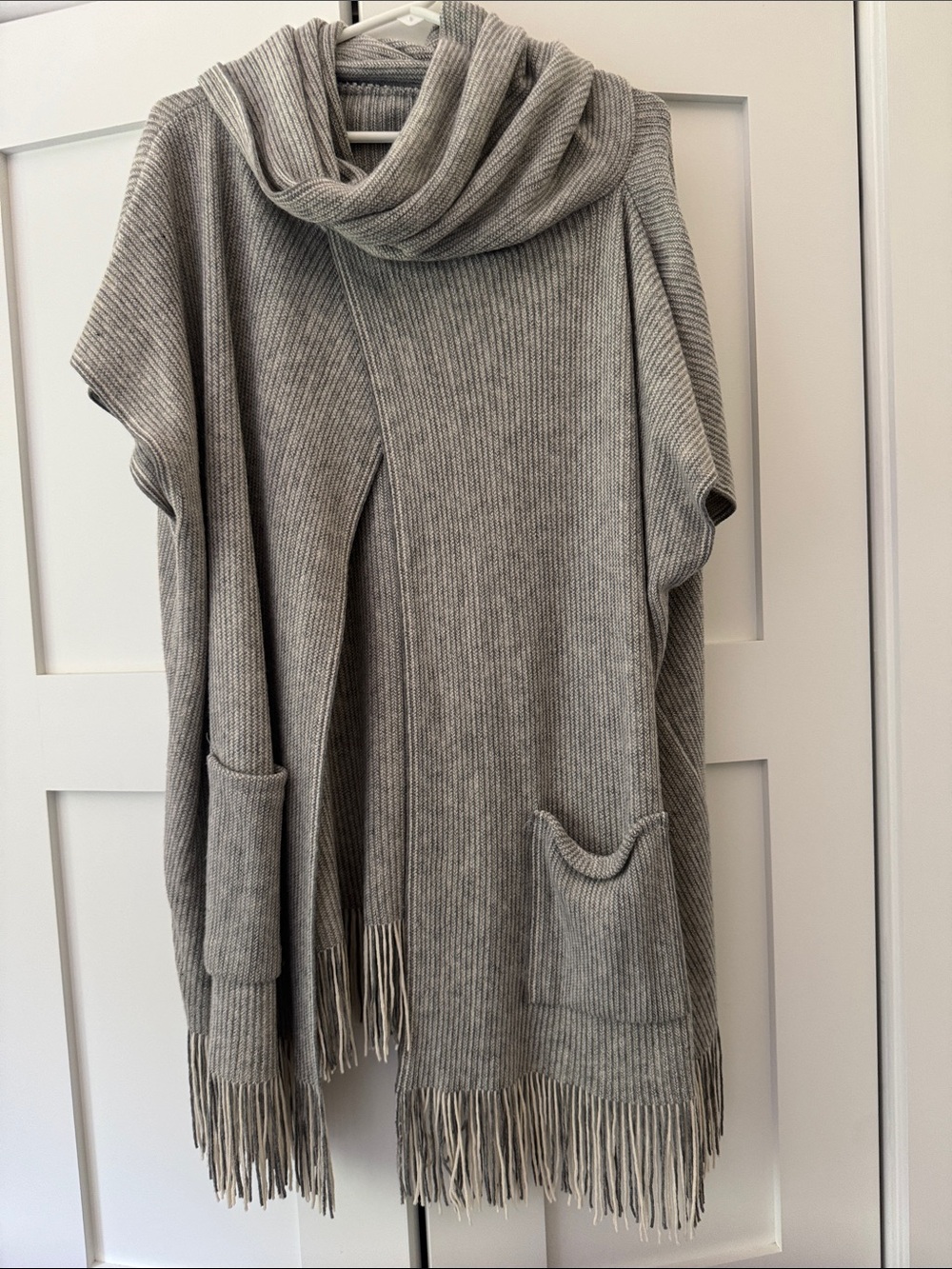 Gray Ribbed Fringe Sweater Poncho - Brand Unknown